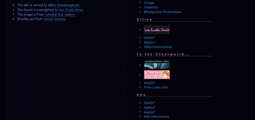 Octobergloom.net - 2010 (Page 2) Octobergloom.net's first version featured a free layout from AunExAmor.net. Pink, purple, and light blue hues paint the dark background.