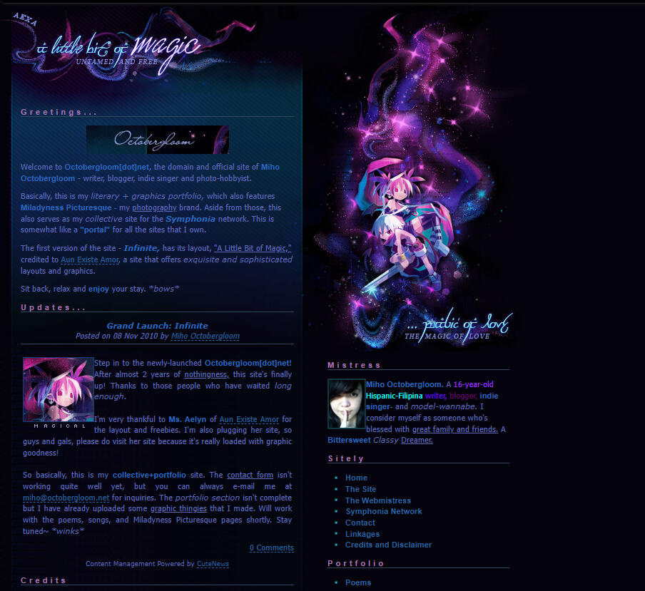 Octobergloom.net - 2010 Octobergloom.net's first version featured a free layout from AunExAmor.net. Pink, purple, and light blue hues paint the dark background.