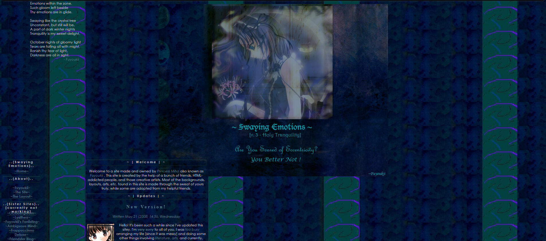 Swaying Emotions - 2009 A screenshot of the old GeoCities website, Swaying Emotions, featuring a dark blue theme, a banner with an anime character, and a background made entirely from Paint.
