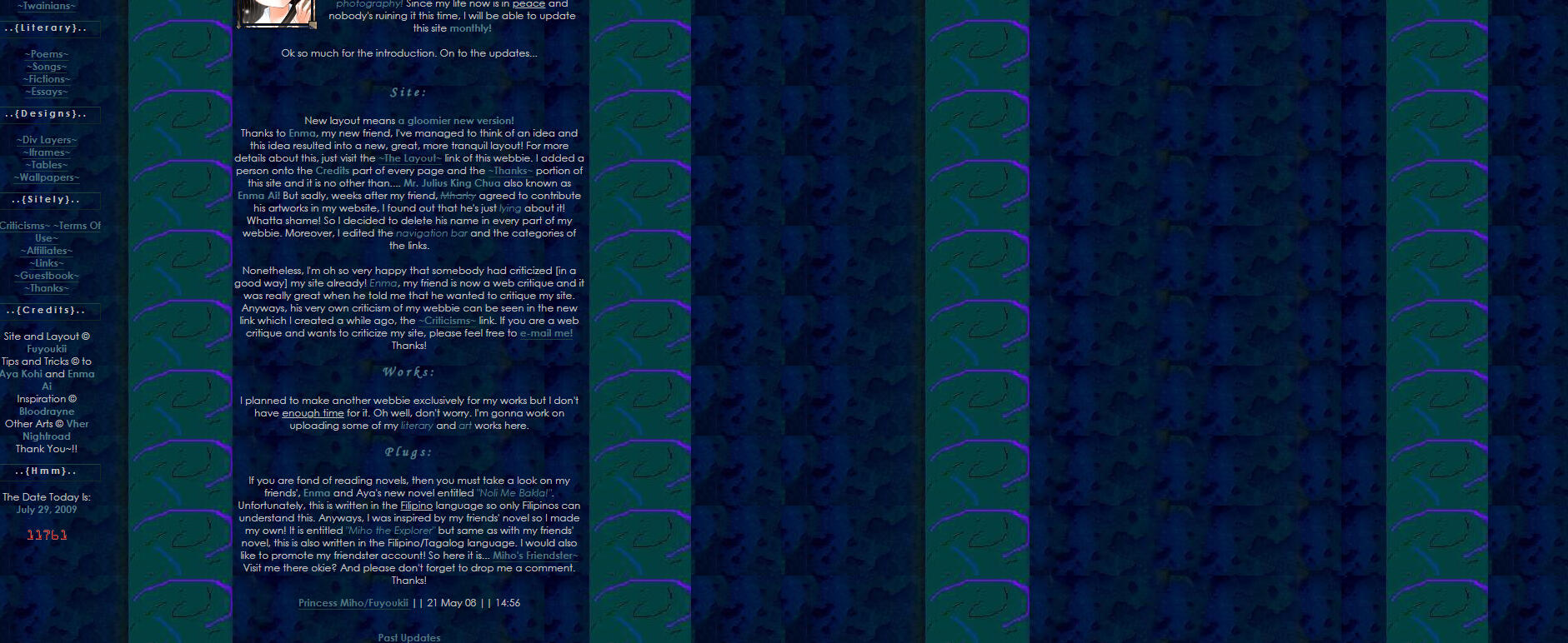 Swaying Emotions - 2019 (Page 2) A screenshot of the old GeoCities website, Swaying Emotions, featuring a dark blue theme, a banner with an anime character, and a background made entirely from Paint.